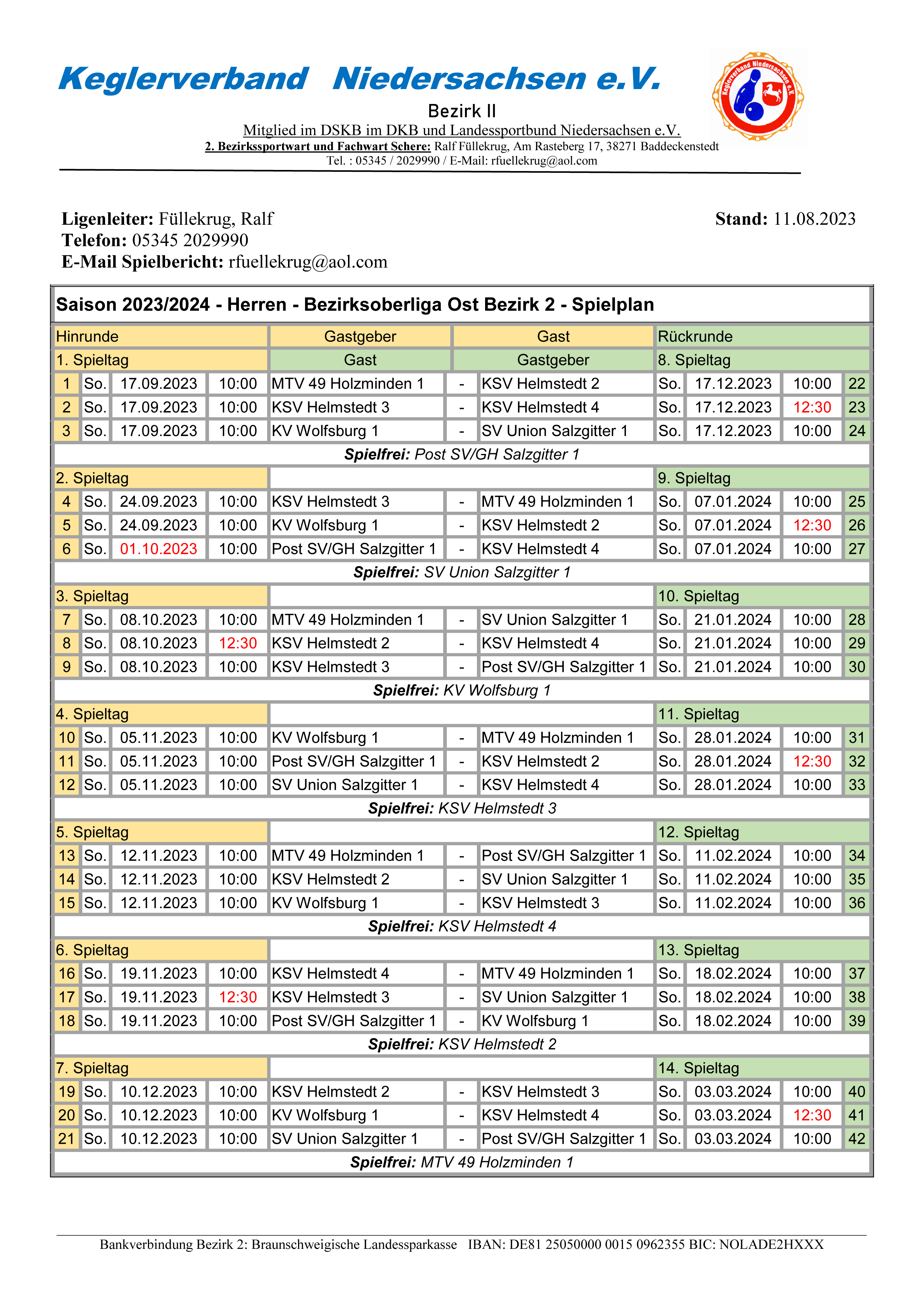Saison 2023/2024 - Herren - Bezirksoberliga Ost Bezirk 2 - Spielplan